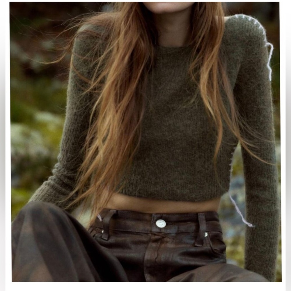Zara Olive Wool Blend Cropped Sweater